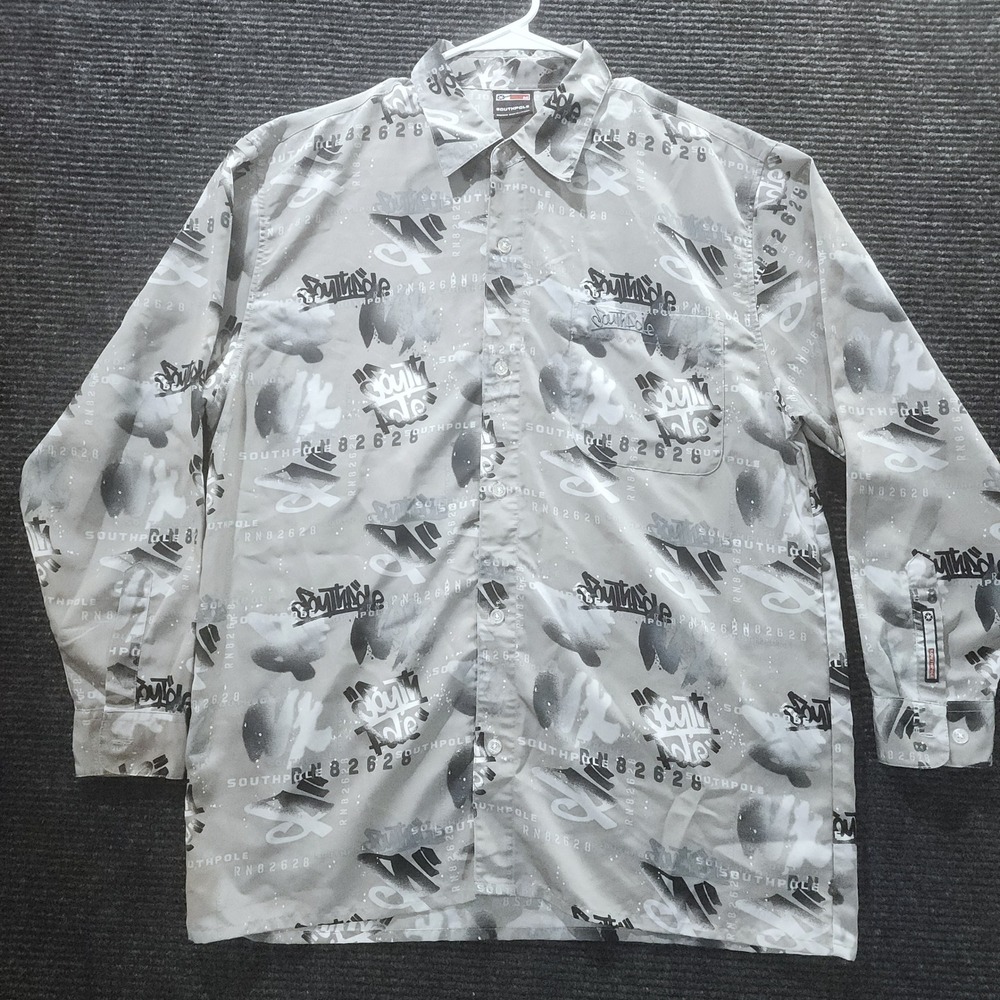 Southpole Shirt Mens M Gray Graffiti AOP Hip Hop Streetwear Button Up Y2K